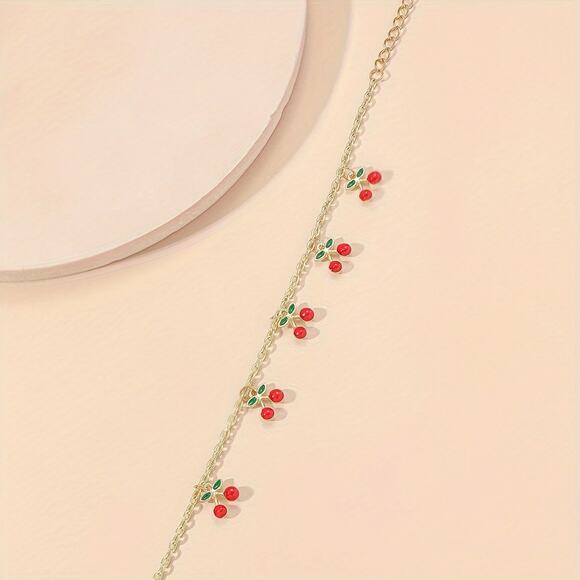 NEW Gold Anklet w/ Cherry Charms, Y2K cherry jewelry, Cherry bomb, Retro jewelry - Picture 3 of 4